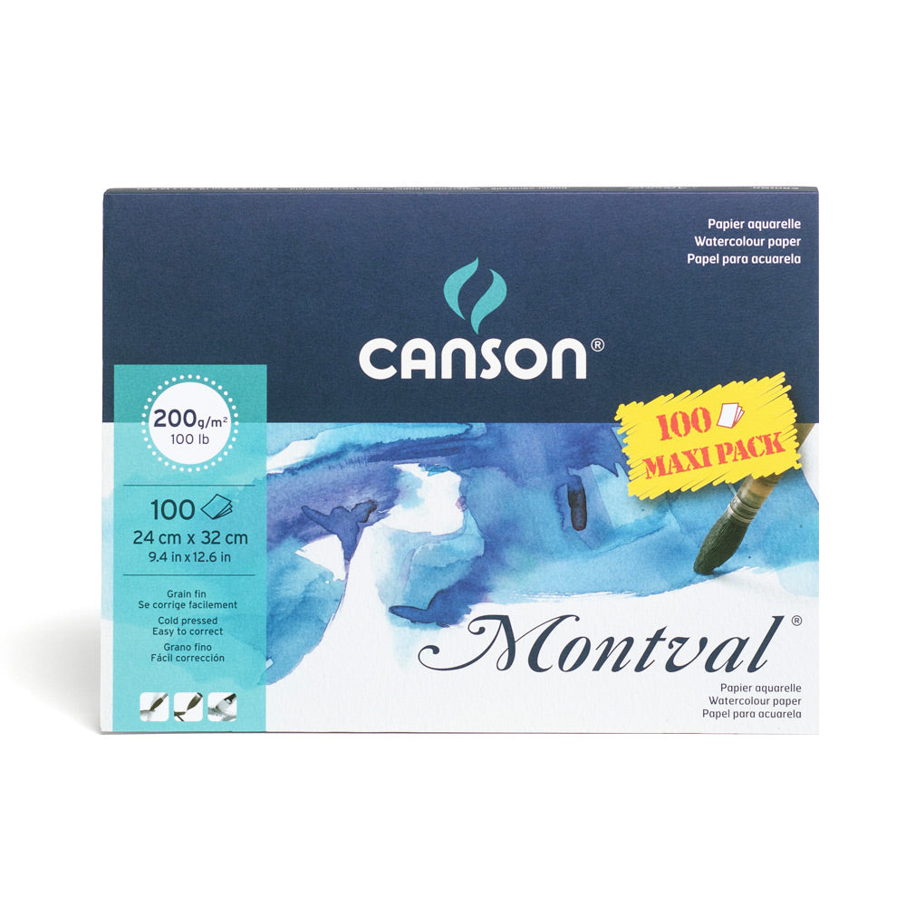 Canson cold pressed watercolour paper maxi pack pad containing 100 sheets of 200 gsm paper bound on the long edge. The sheets are 24 by 32 centimetres in size.