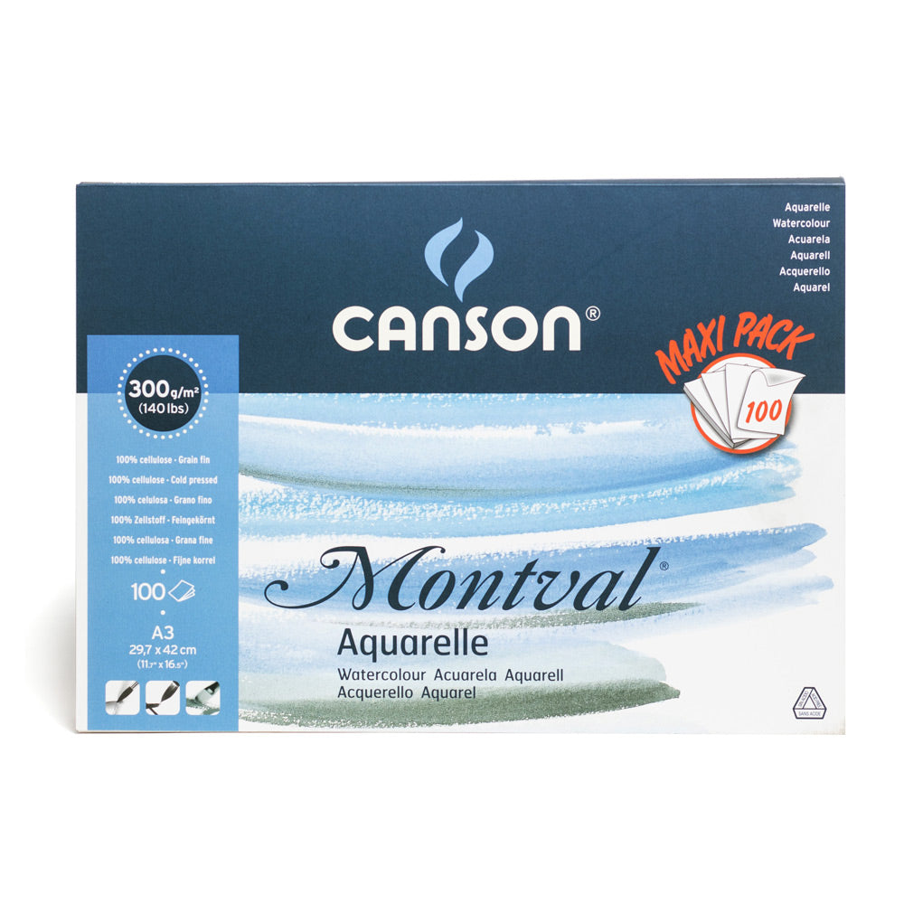 Canson cold pressed watercolour paper maxi pack pad containing 100 sheets of 300 gsm paper bound on the long edge. The sheets are 29.7 by 42 centimetres in size (A3).
