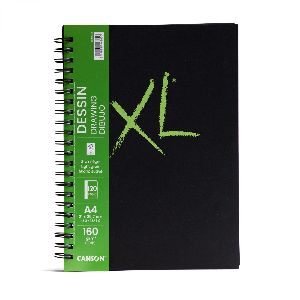 Canson XL drawing book, spiral bound on the long edge. This book contains 120 pages of 160 gsm light grain paper. 21 by 29.7 centimetres in size.