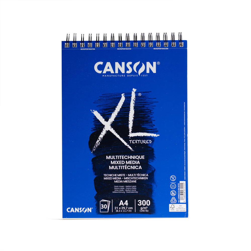 Canson XL mixed media textured pad, spiral bound and perforated on the short edge. This pad contains 30 pages of 300 gsm medium grain paper. 21 by 29.7 centimetres in size.