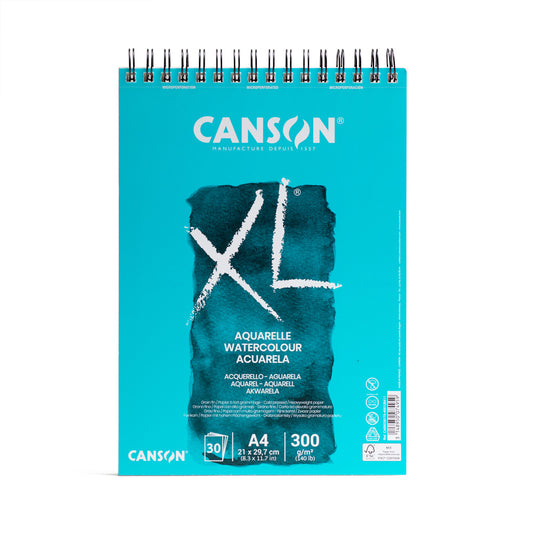 Canson XL watercolour pad, spiral bound and perforated on the short edge. This pad contains 30 pages of 300 gsm cold pressed paper. 21 by 29.7 centimetres in size.