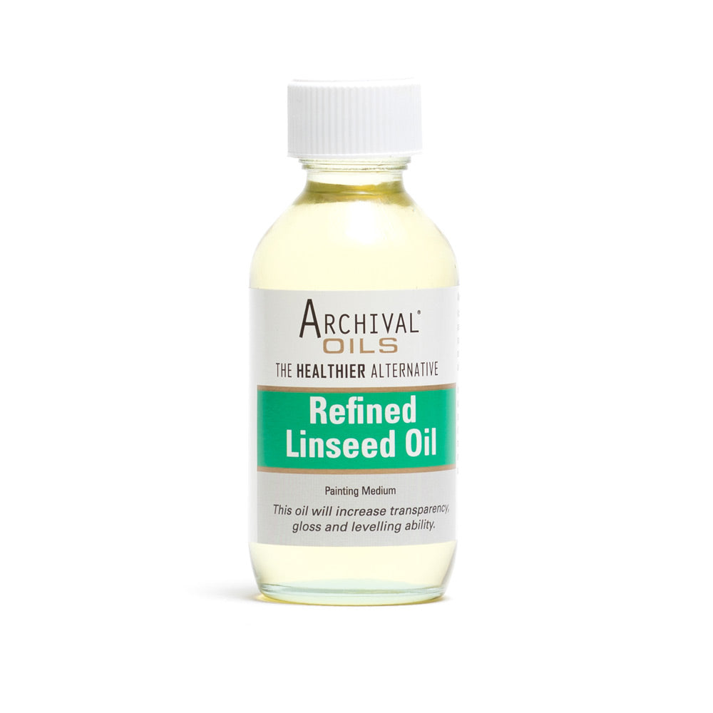 A 100 millilitre bottle of Chroma Archival Oils refined linseed oil painting medium. This oil will increase transparency, gloss and levelling ability.