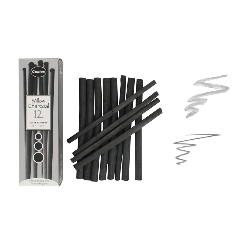 A box of 12 Coates scene painters willow charcoal sticks. The natural sticks come in a variety of widths from approximately 7 to 12 mm in diameter.