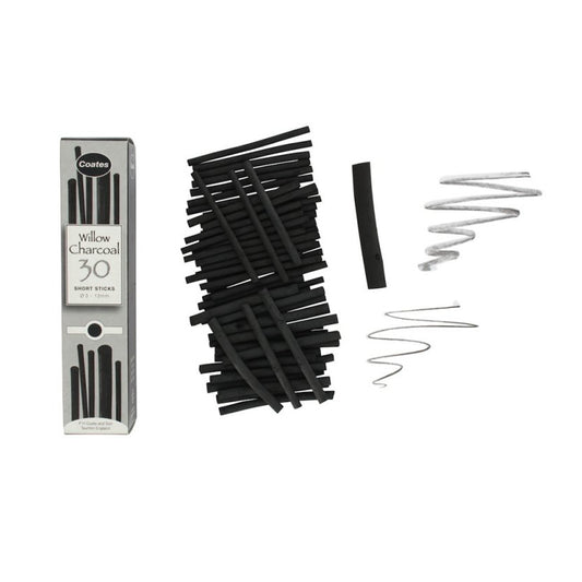 A box of 30 Coates short willow charcoal sticks. The natural sticks come in a variety of widths from approximately 3 to 12 mm in diameter.