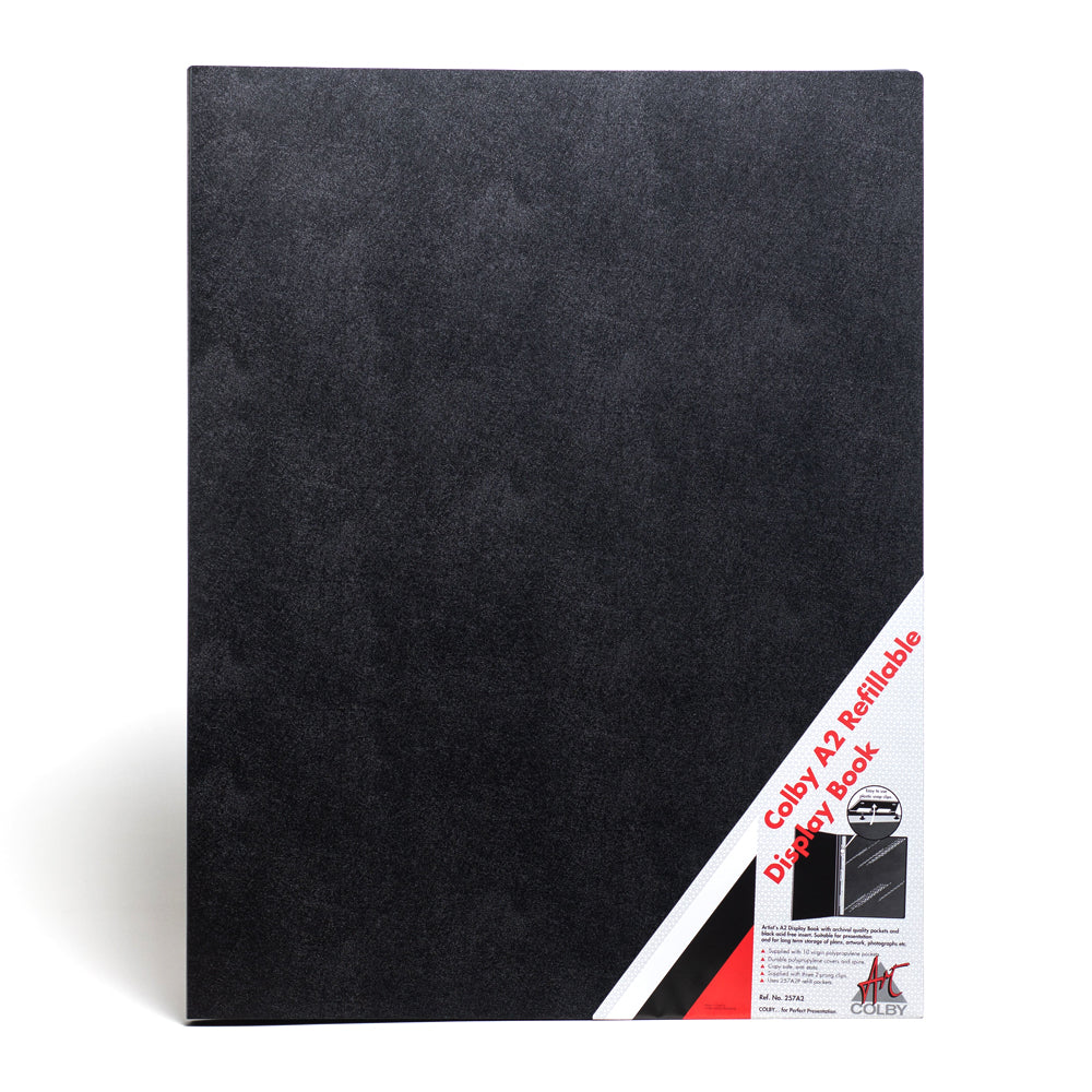 The Colby A2 refillable display book with black polypropylene cover.