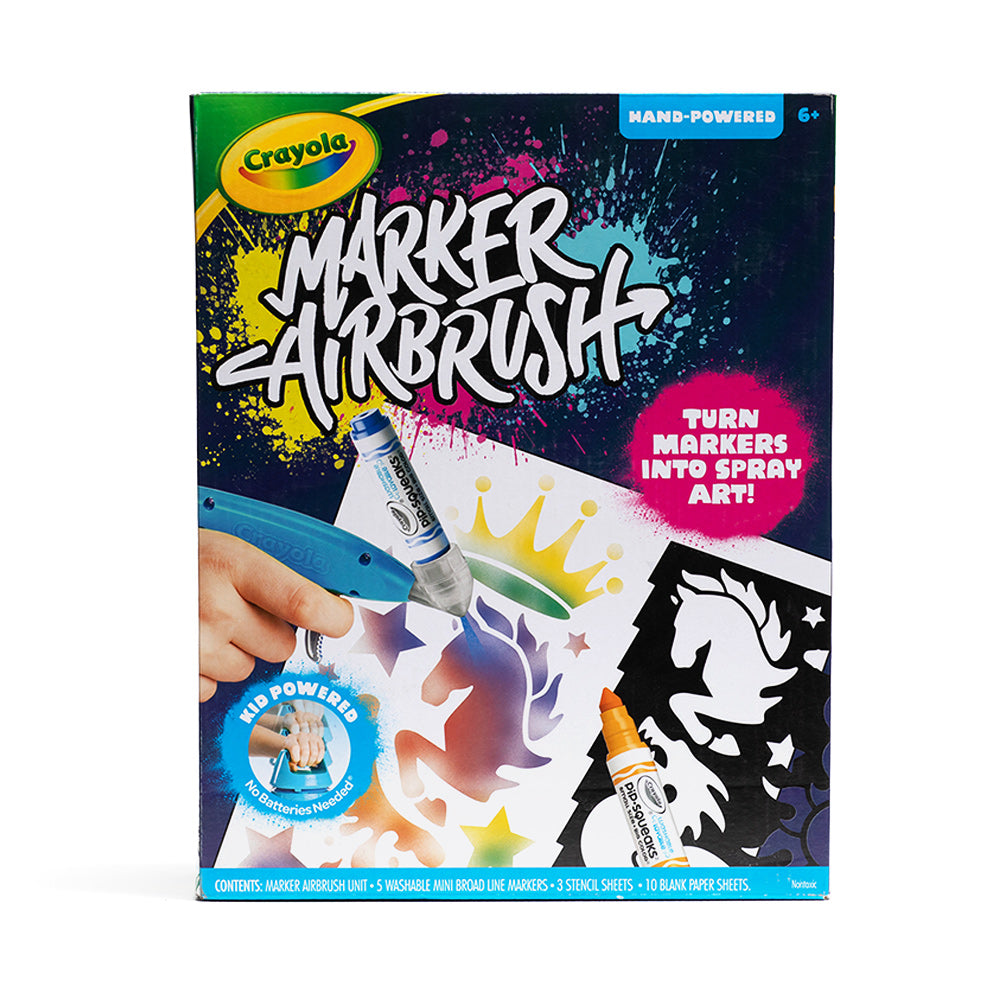 A Crayola marker hand-powered airbrush box set. Kid powered, no batteries needed. Turn markers into spray art! Contains marker airbrush unit, 5 washable mini broad line markers, 3 stencil sheets and 10 blank sheets of paper.
