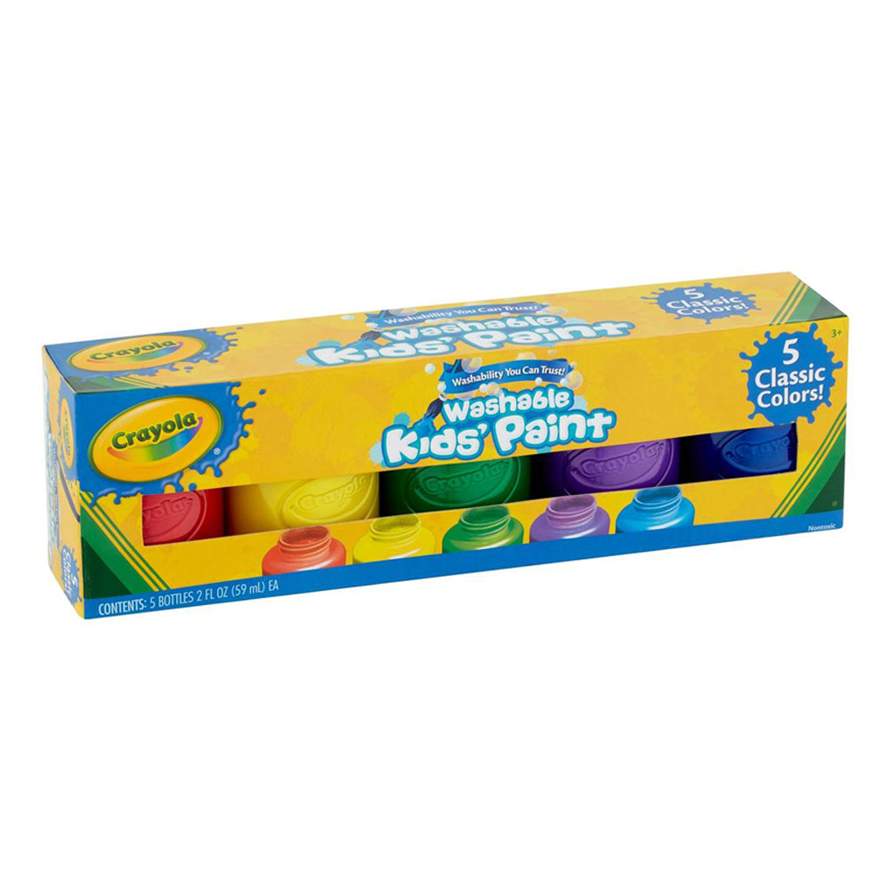 A set of 5 bottle of 59 millilitre Crayola non toxic washable kids’ paint in red, yellow green purple and blue. For ages three and up. 