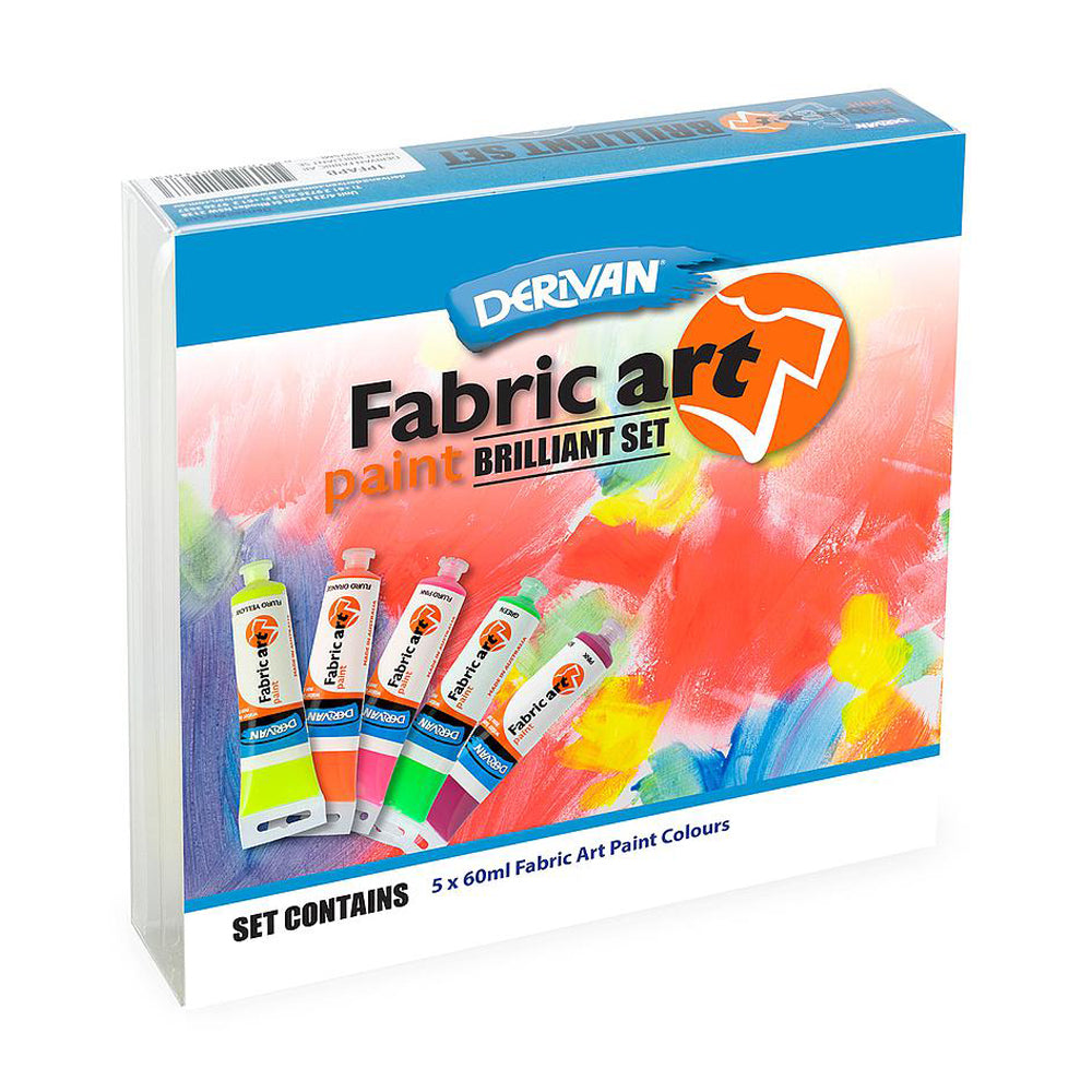 Box set of Derivan Fabric art paint containing 5 tubes of 60 millilitre fabric art paint in brilliant colours, fluoro yellow, fluoro orange, fluoro pink, green and pink. 