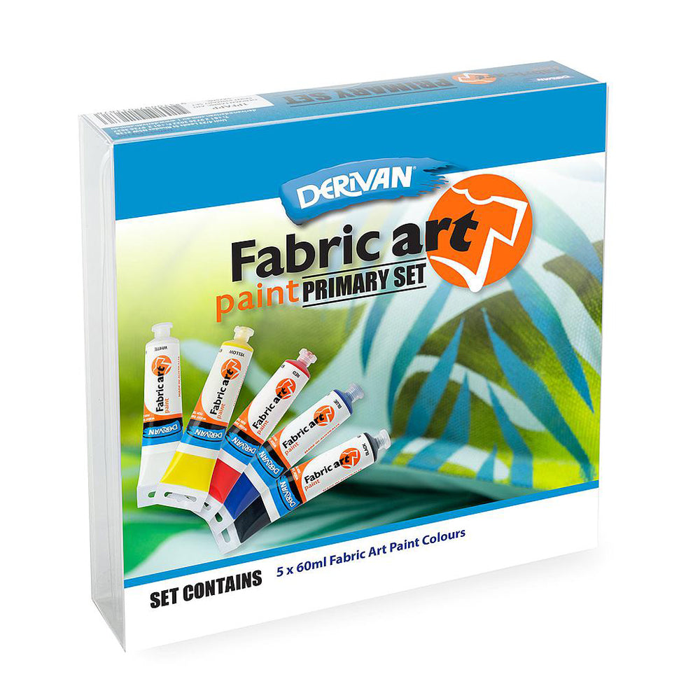 Box set of Derivan Fabric art paint containing 5 tubes of 60 millilitre fabric art paint in primary colours, white, yellow, red, blue and black. 