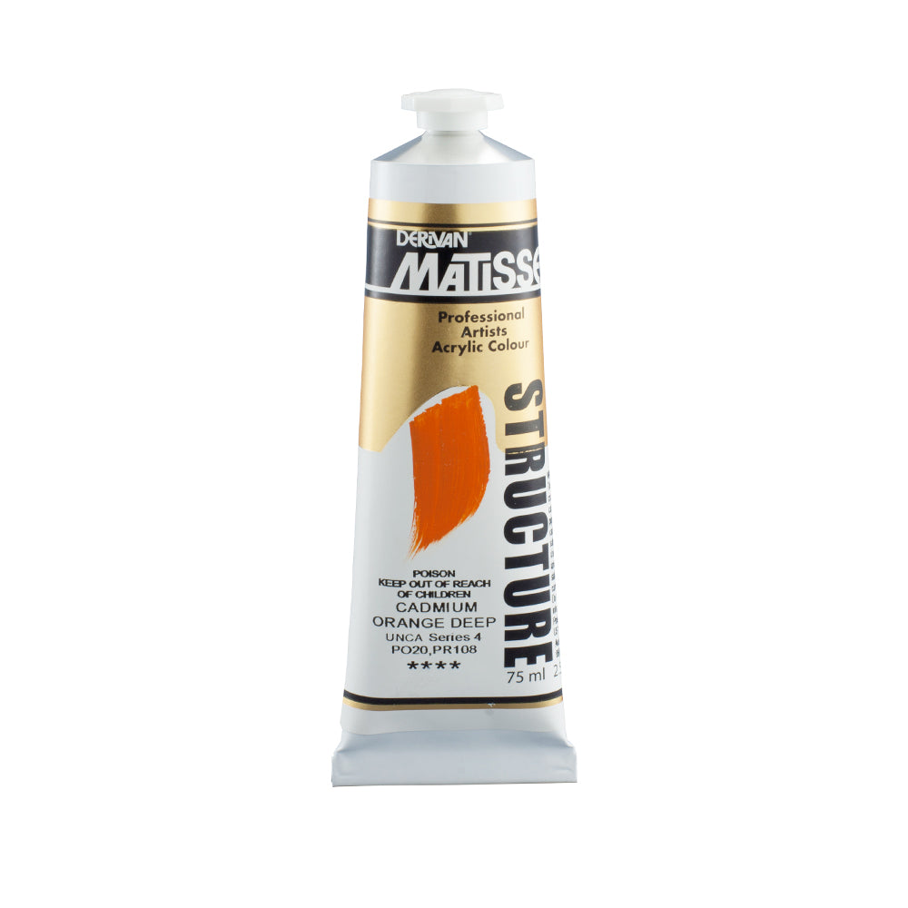 75 millilitre tube of Derivan Matisse structure formula acrylic paint in Cadmium orange deep (series 4). Poison - keep out of reach of children.