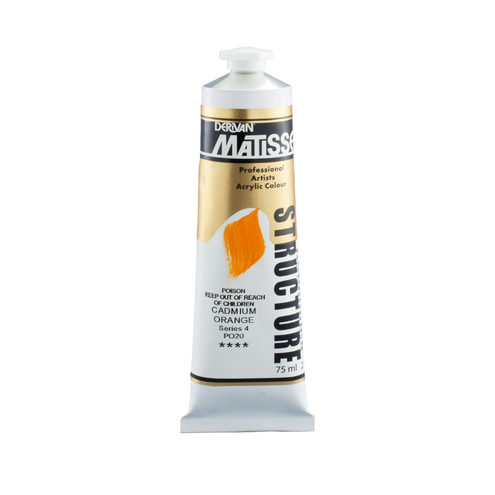 75 millilitre tube of Derivan Matisse structure formula acrylic paint in Cadmium orange (series 4). Poison - keep out of reach of children.