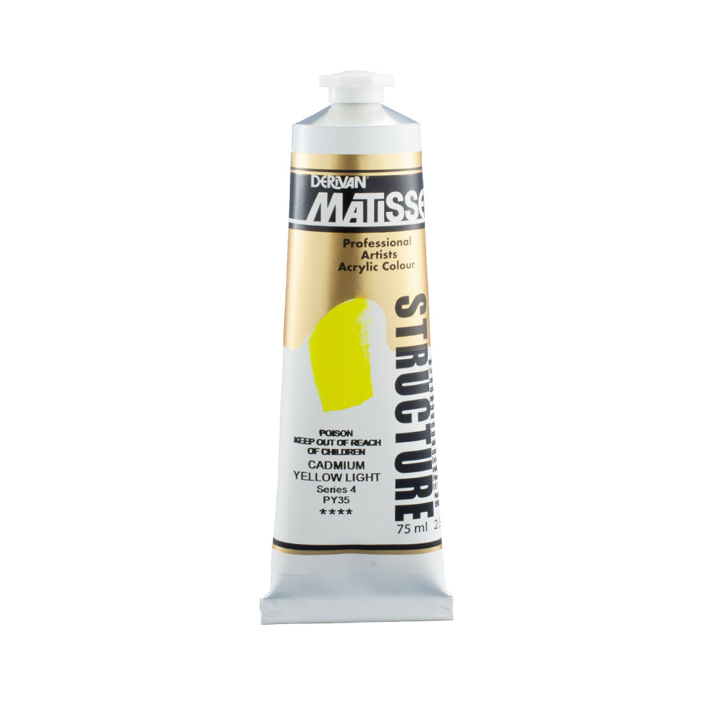 75 millilitre tube of Derivan Matisse structure formula acrylic paint in Cadmium yellow light (series 4). Poison - keep out of reach of children.