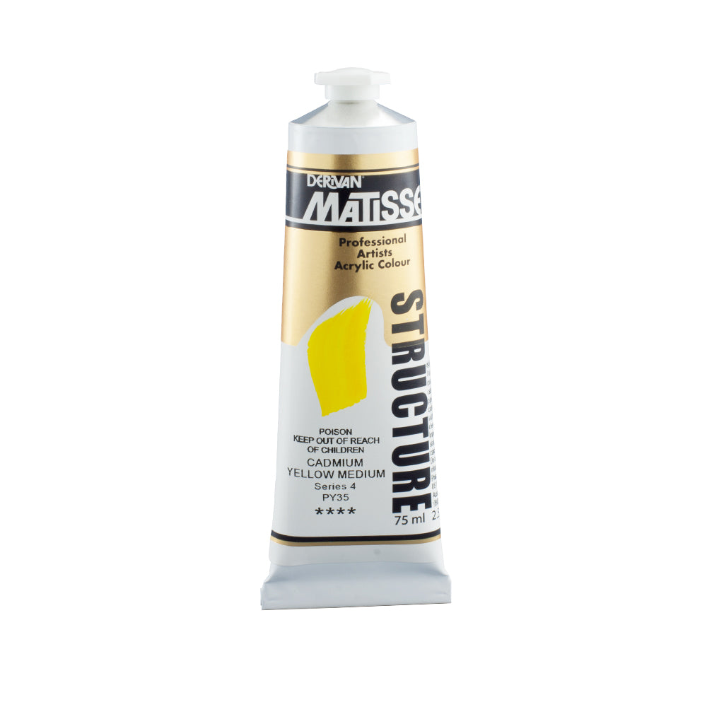 75 millilitre tube of Derivan Matisse structure formula acrylic paint in Cadmium yellow medium (series 4). Poison - keep out of reach of children.