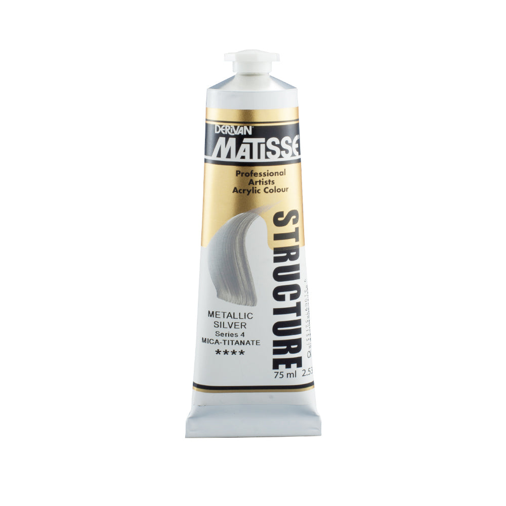 75 millilitre tube of Derivan Matisse structure formula acrylic paint in Metallic silver (series 4).