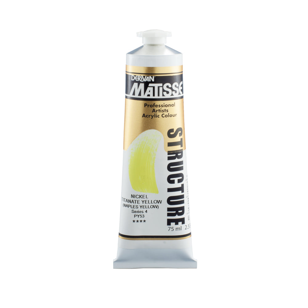 75 millilitre tube of Derivan Matisse structure formula acrylic paint in Nickel titanate yellow (series 4).