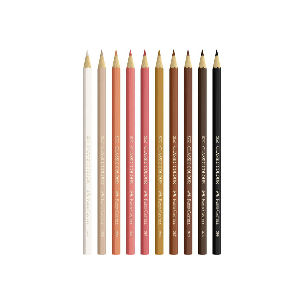 Faber-Castell classic pencils in 10 different shades of skin tone colours – White 301, Beige 389, Peach 330, Light pink 331, Dark pink 391, Yellow ochre 383, Light brown 387, Medium brown 378, Dark brown 376, Black 399.