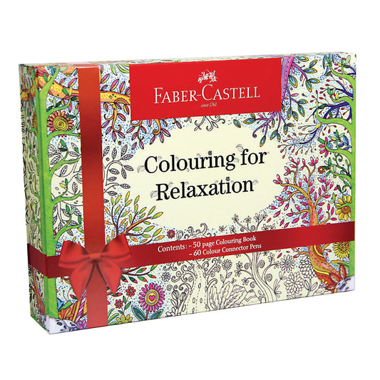 Faber-Castell Colouring for relaxation box set containing a 50 page colouring book and 60 colour connector pens.
