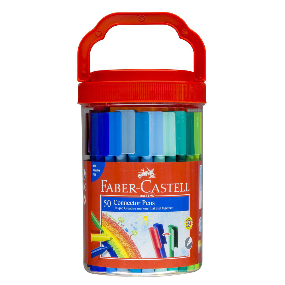 A jar with screw top lid and handle of 50 Faber-Castell connector pens. The pens are clipped together by their lids.
