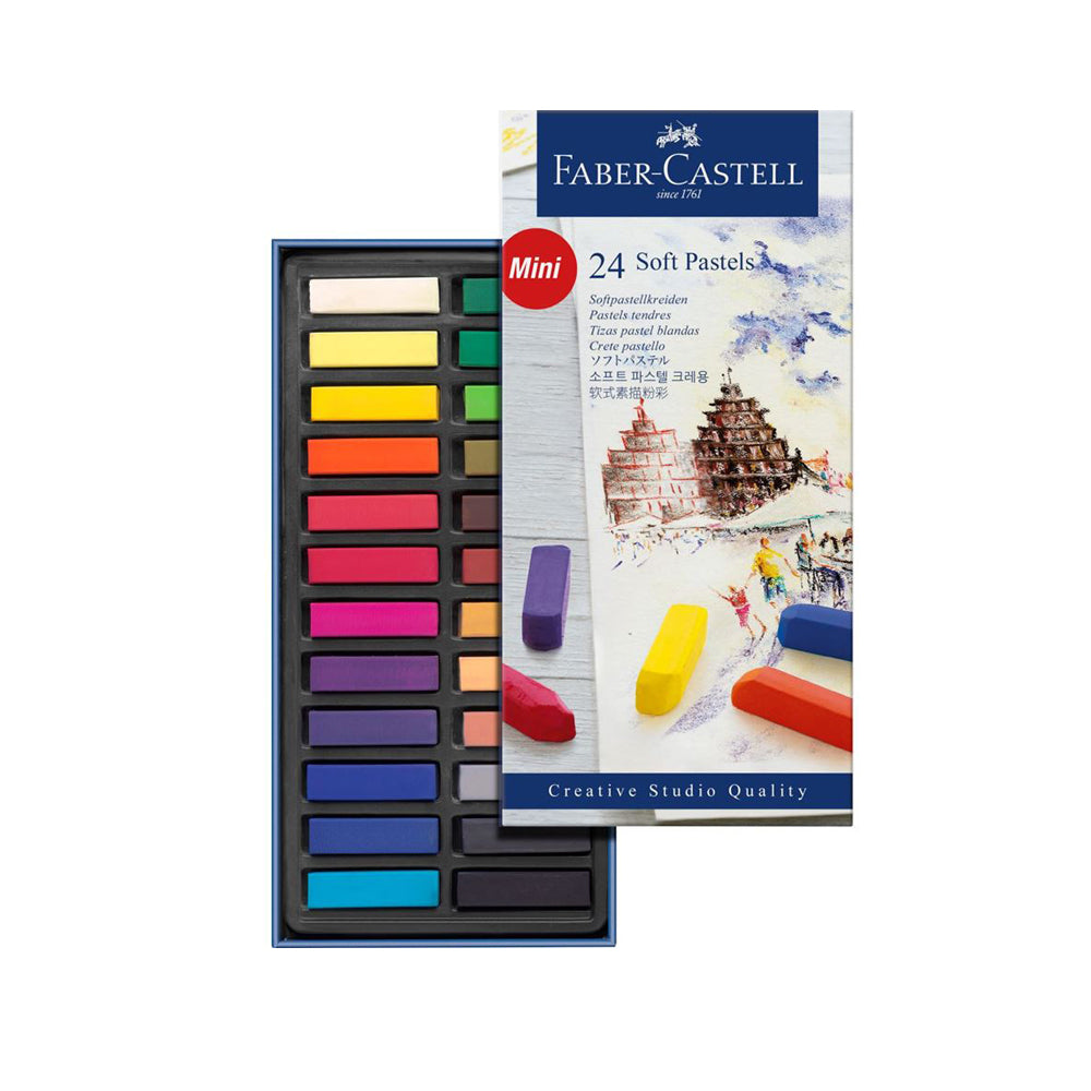 Box set of 24 Faber-Castell mini soft pastels in assorted colours.