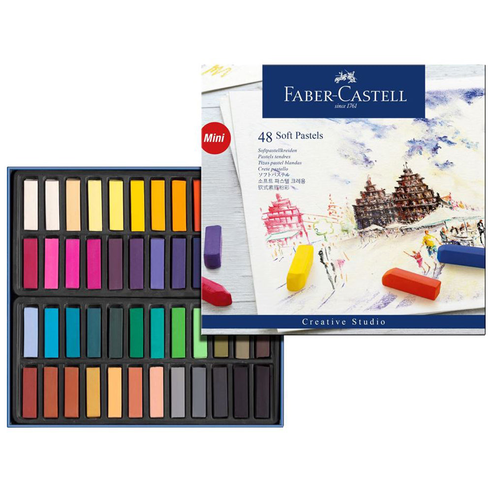 Box set of 48 Faber-Castell mini soft pastels in assorted colours.