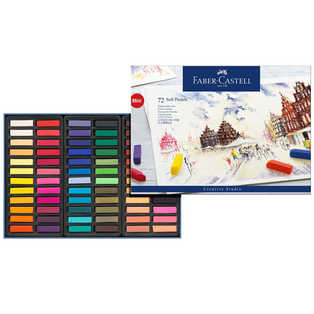 Box set of 72 Faber-Castell mini soft pastels in assorted colours.