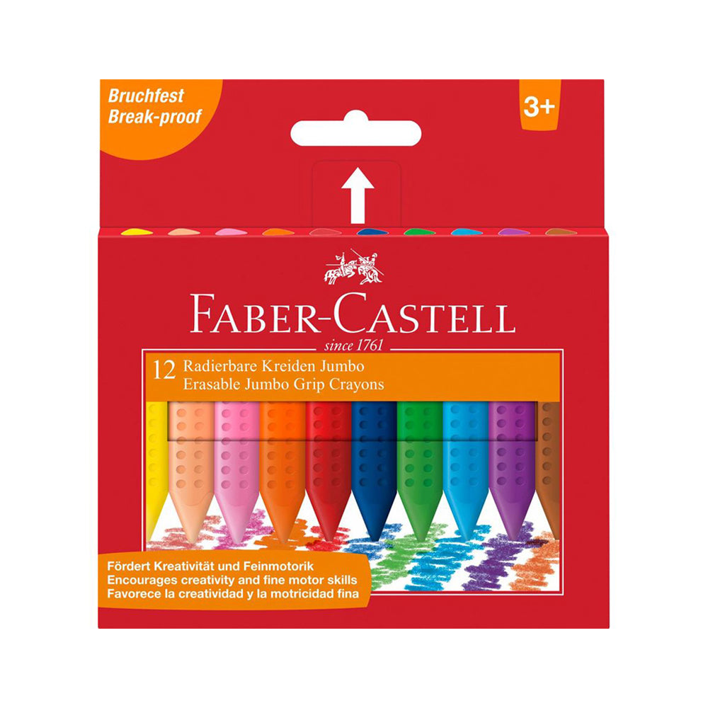 A box set of Faber-Castell erasable jumbo grip crayons in 12 assorted colours. Break-proof. Encourages creativity and fine motor skills. For ages 3 and up.