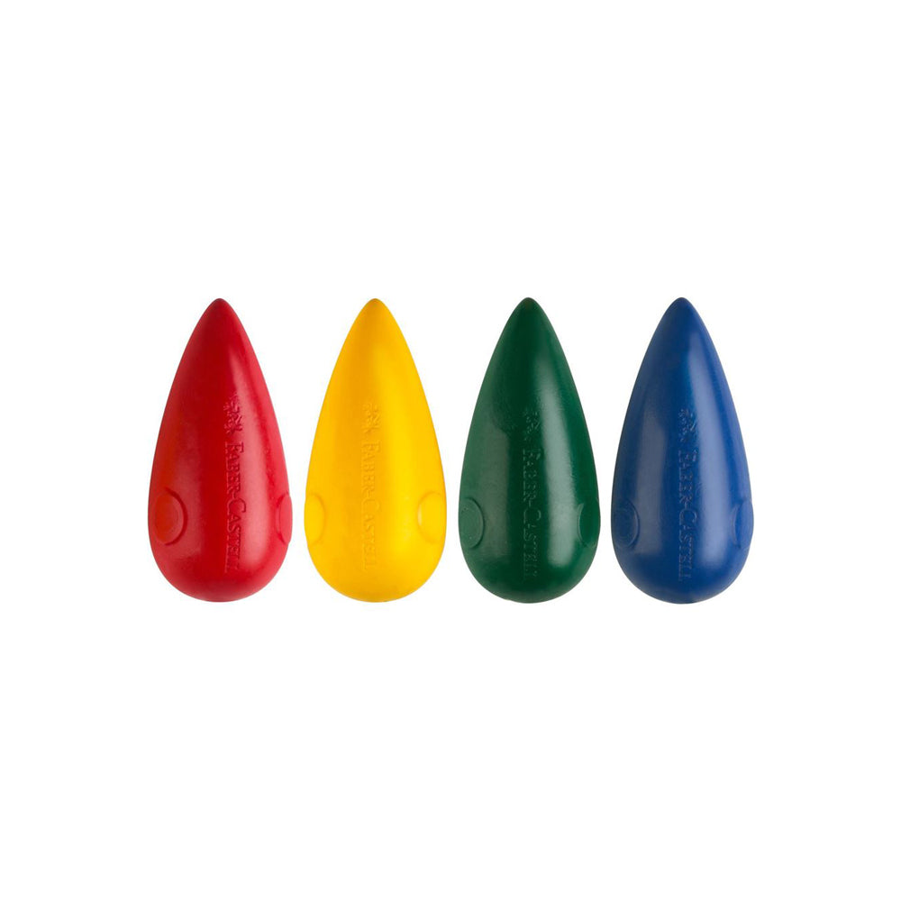Set of 4 Faber-Castell easy grasp bulb shaped crayons in red, yellow, green and blue.