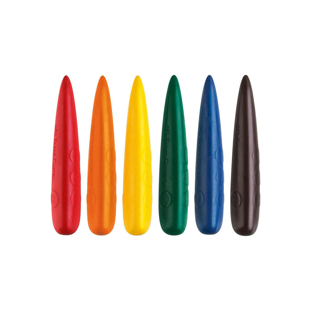 Set of 6 Faber-Castell easy grip finger crayons in red, orange, yellow, green, blue and black.