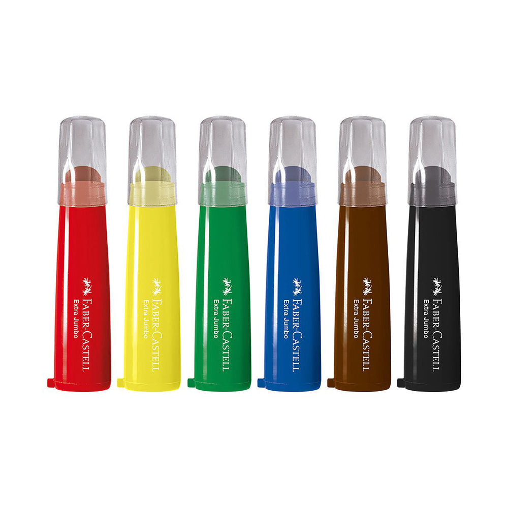 A set of 6 Faber-Castell extra jumbo washable markers with lids in red, yellow, green, blue, brown and black.