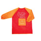 A red Faber-Castell waterproof art smock with long, orange sleeves with elastic cuffs. On the front is an illustration of animals and a square, orange pocket. 
