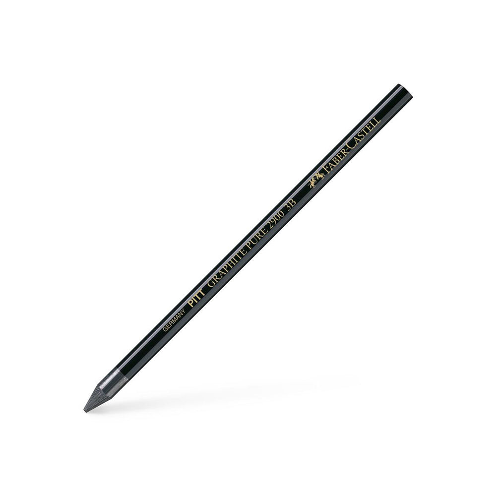 A 3B Faber-Castell PITT Graphite pure pencil with a lacquer coating sharpened to a point.