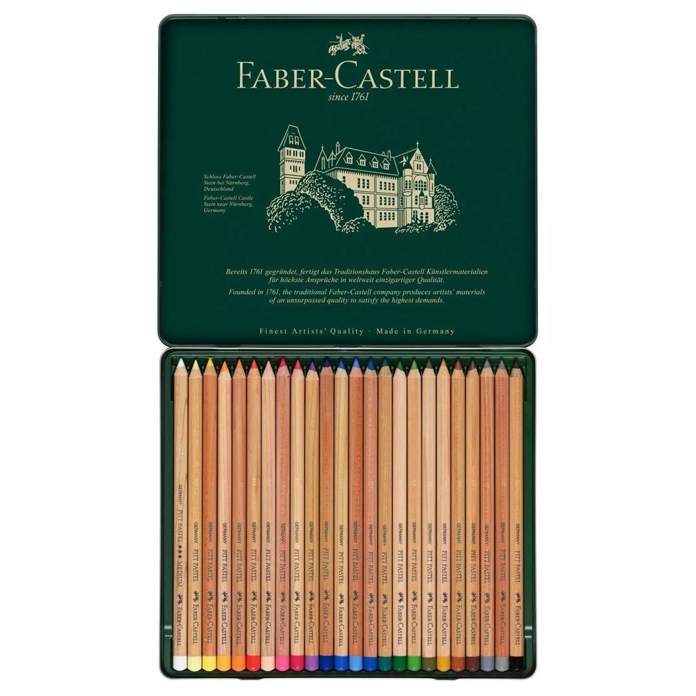 An open tin set of sharpened Faber-Castell Pitt Pastel pencils in 24 colours.