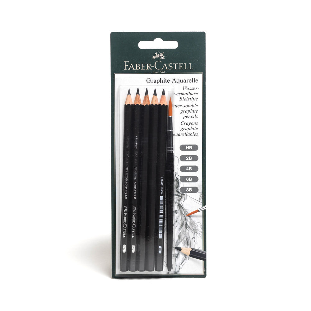A packet of Faber-Castell Graphite Aquarelle Pencil set with sharpened pencils in five grades (HB, 2B, 4B, 6B, 8B) and a size 6 watercolour brush with short handle.