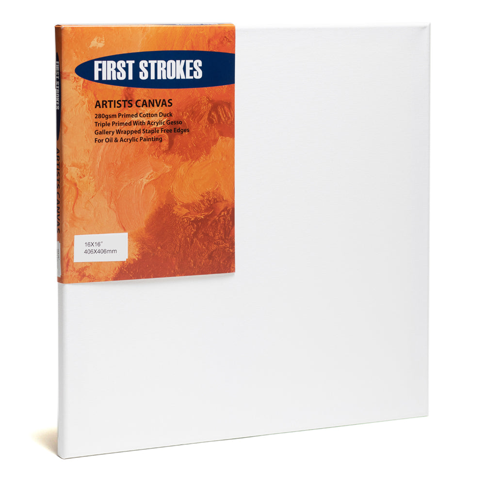 A First Strokes canvas with a slim edge. Made from 280 gsm primed cotton duck the surface is triple primed with acrylic gesso and gallery wrapped for staple free edges.