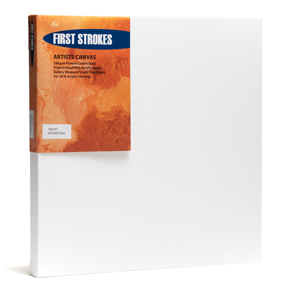 A First Strokes canvas with a thick edge. Made from 280 gsm primed cotton duck the surface is triple primed with acrylic gesso and gallery wrapped for staple free edges.