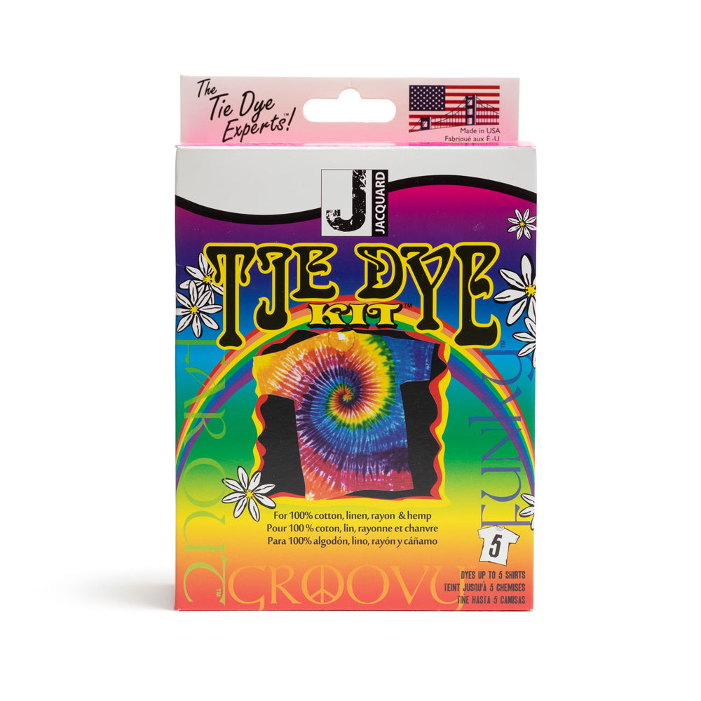 A Jaquard Funky Groovy Tie Dye Kit for 100% cotton, linen, rayon and hemp. Dyes up to 5 shirts. Made in USA.