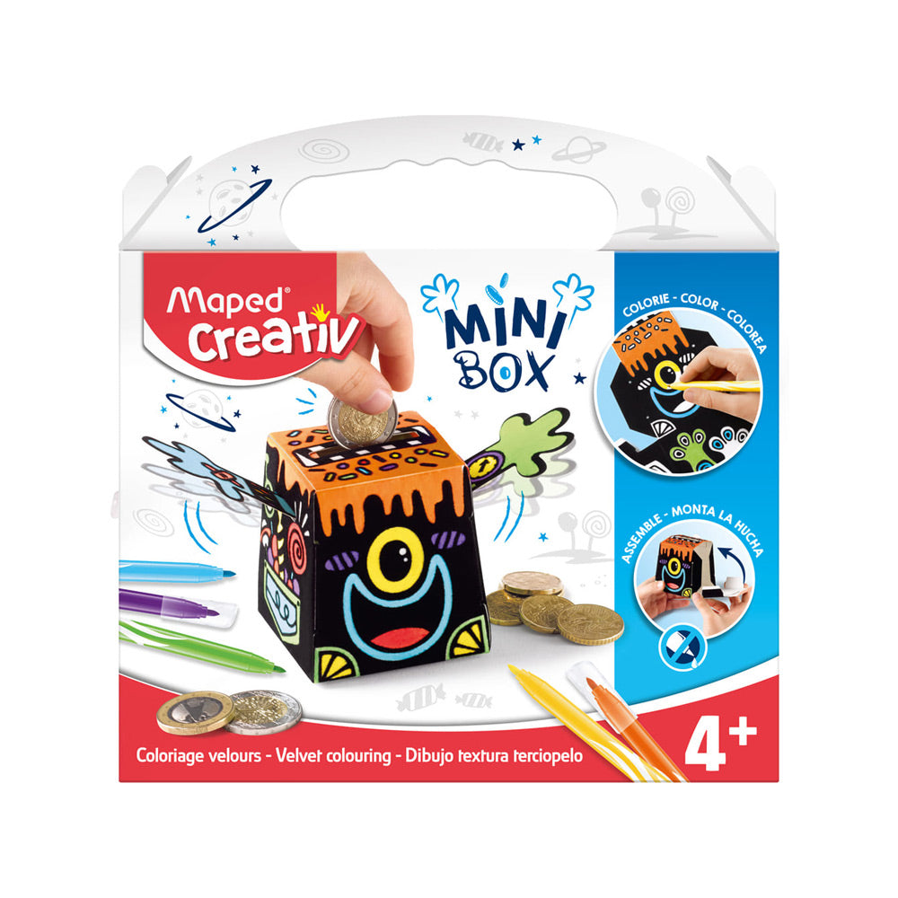 A box containing a Maped Creative velvet money box craft kit for ages 4 and up. The set includes velvet shapes to colour and assemble and markers.