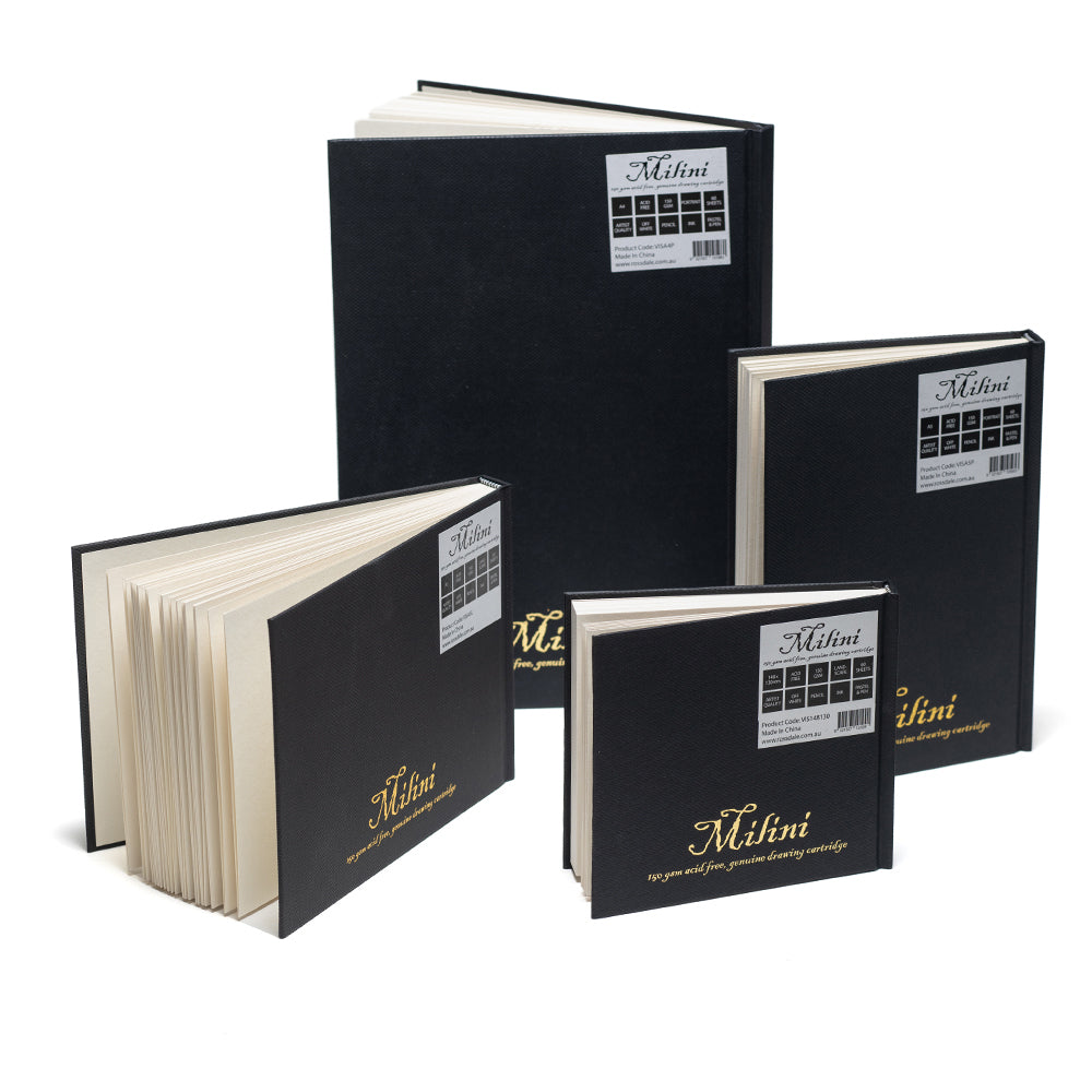 Black fabric covered hard-back Milini sketchbooks with cream coloured pages in a range of sizes. The Milini logo is stamped in metallic foil on the back outside cover. 