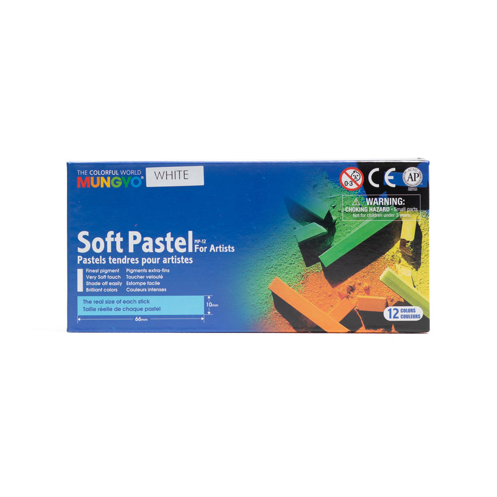 A box of 12 Mungyo Soft Pastels for artists in white. The size of each stick is 66 by 10 millimetres.