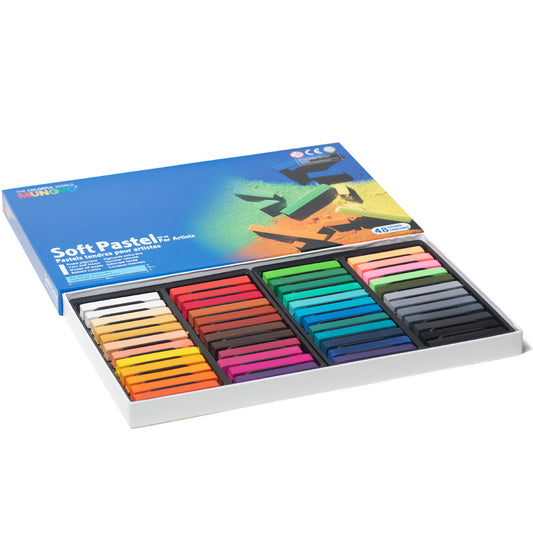 An open set of 48 square, full length square Mungyo soft pastels in assorted colours held in a cardboard case.