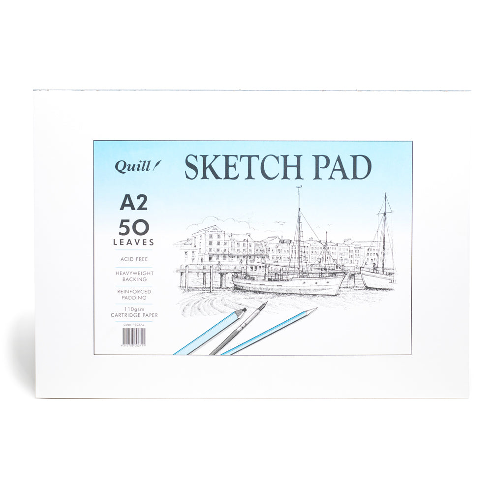 The Quill A2 premium sketch pad with 50 acid free leaves of 110 gsm cartridge paper, bound on the long edge.