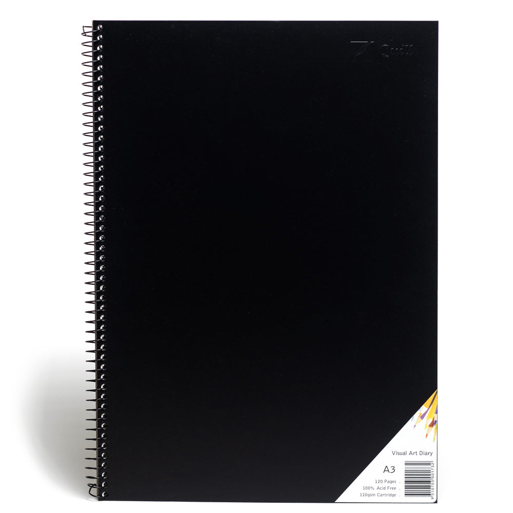 An A3 Quill visual art diary with black polypropelyne cover and logo embossed in the top right corner of the cover. Spiral bound on the long edge this acid free pad contains 120 pages of 110 gsm cartridge paper.