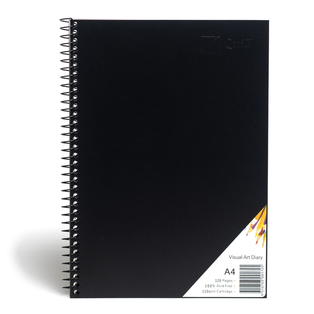 An A4 Quill visual art diary with black polypropelyne cover and logo embossed in the top right corner of the cover. Spiral bound on the long edge this acid free pad contains 120 pages of 110 gsm cartridge paper.