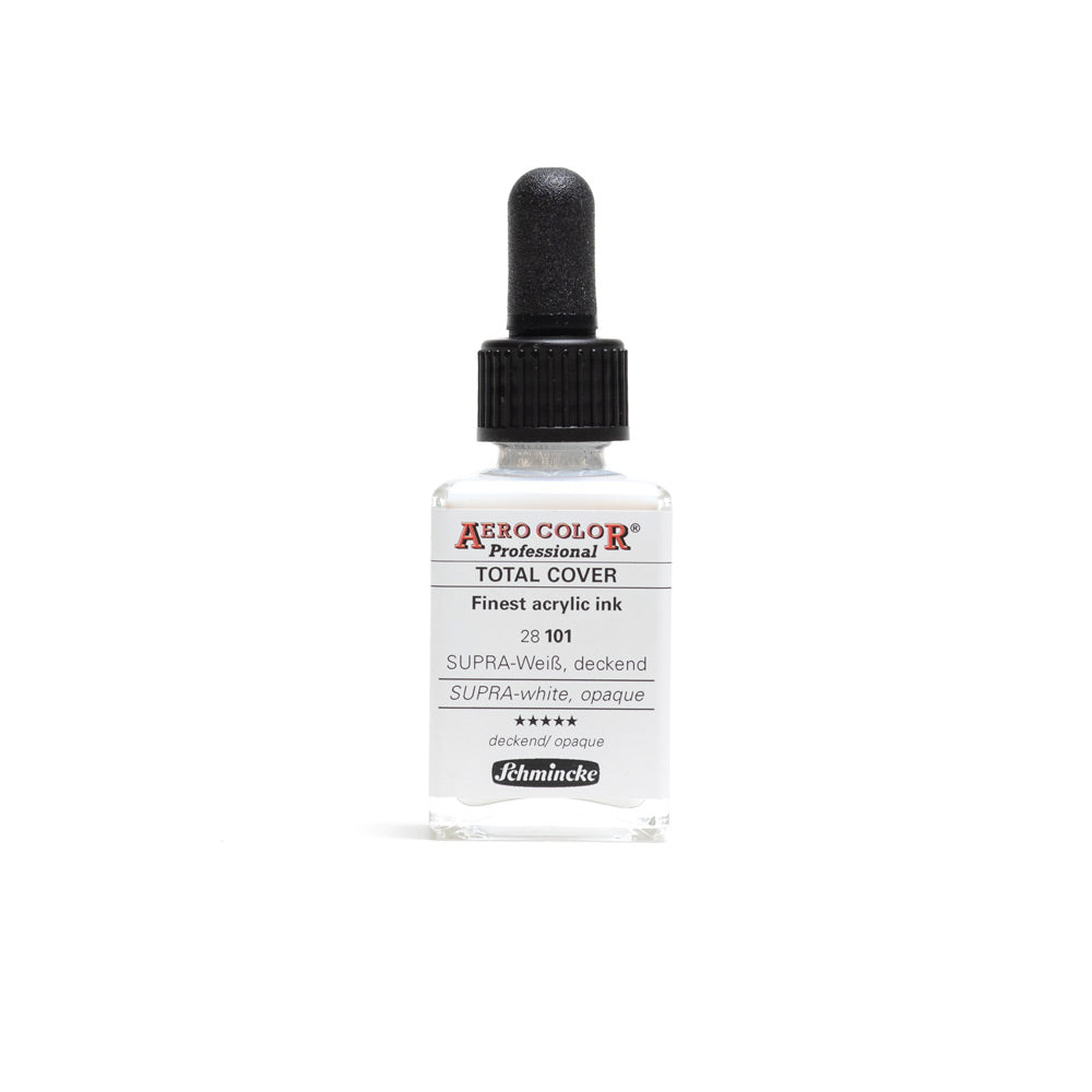 A 28 millilitre bottle of Schmincke Aero Color Professional total cover finest acrylic ink in opaque supra-white. The bottle comes with a pipette dropper lid.