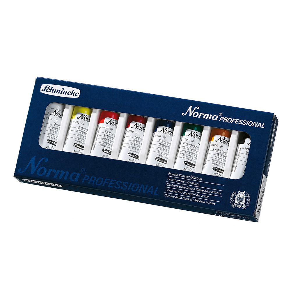 A box set of 8 tubes of Schmincke Norma professional oil colours.