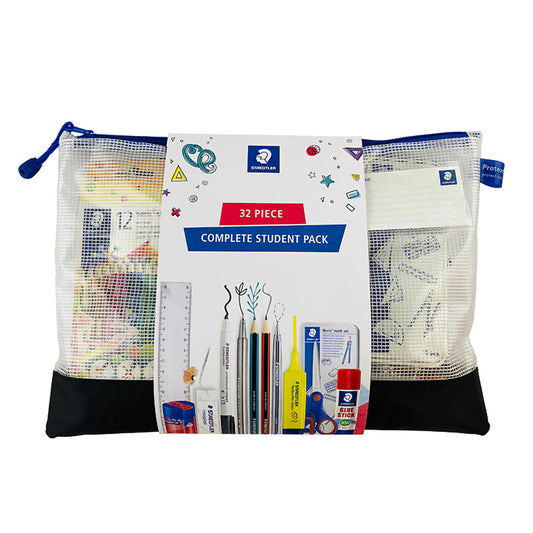 A 32 piece Staedtler Complete student pack in a clear pencil case which includes a ruler, sharpener, eraser, marker, coloured and graphite pencil, ball point pen, highlighter, Noris math set, scissors and glue stick.