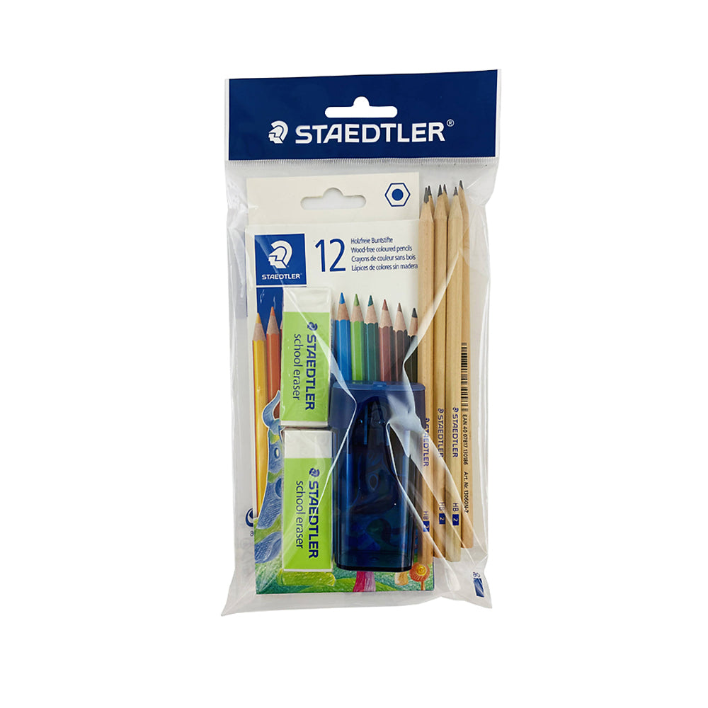 A Staedtler core school kit which includes 12 coloured pencils, 2 erasers, a sharpener and HB graphite pencils.
