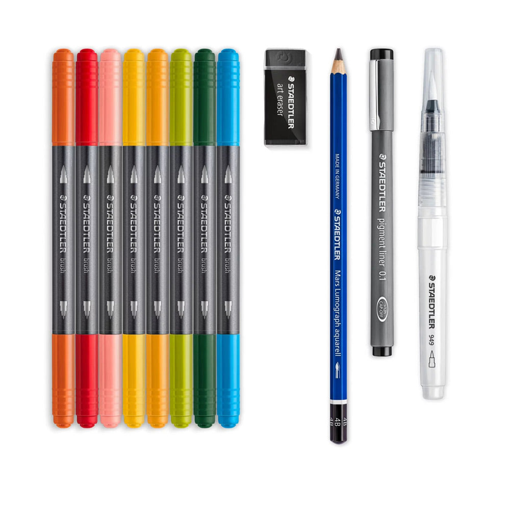 The Staedtler floral watercolour set includes 8 Staedtler double ended watercolour markers in orange, red, pink, yellow, light orange, light green, green and blue. Also included is an art eraser, a watercolour graphite pencil, a pigment liner with 0.1 millimetre width nib and a fillable water brush.