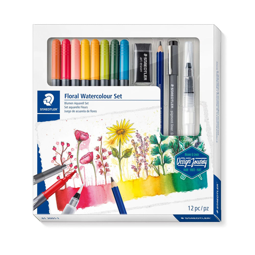A 12 piece Staedlter floral watercolour set containing 8 watercolour markers, an eraser, a watercolour graphite pencil, a pigment liner and a fillable water brush.