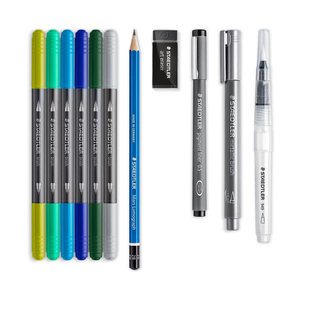 The Staedtler floral watercolour set includes 6 Staedtler double ended watercolour markers in light green, aqua, light blue, dark blue, dark green and grey. Also included is an art eraser, a graphite pencil, a pigment liner with 0.5 millimetre width nib, a metallic brush maker and a fillable water brush.